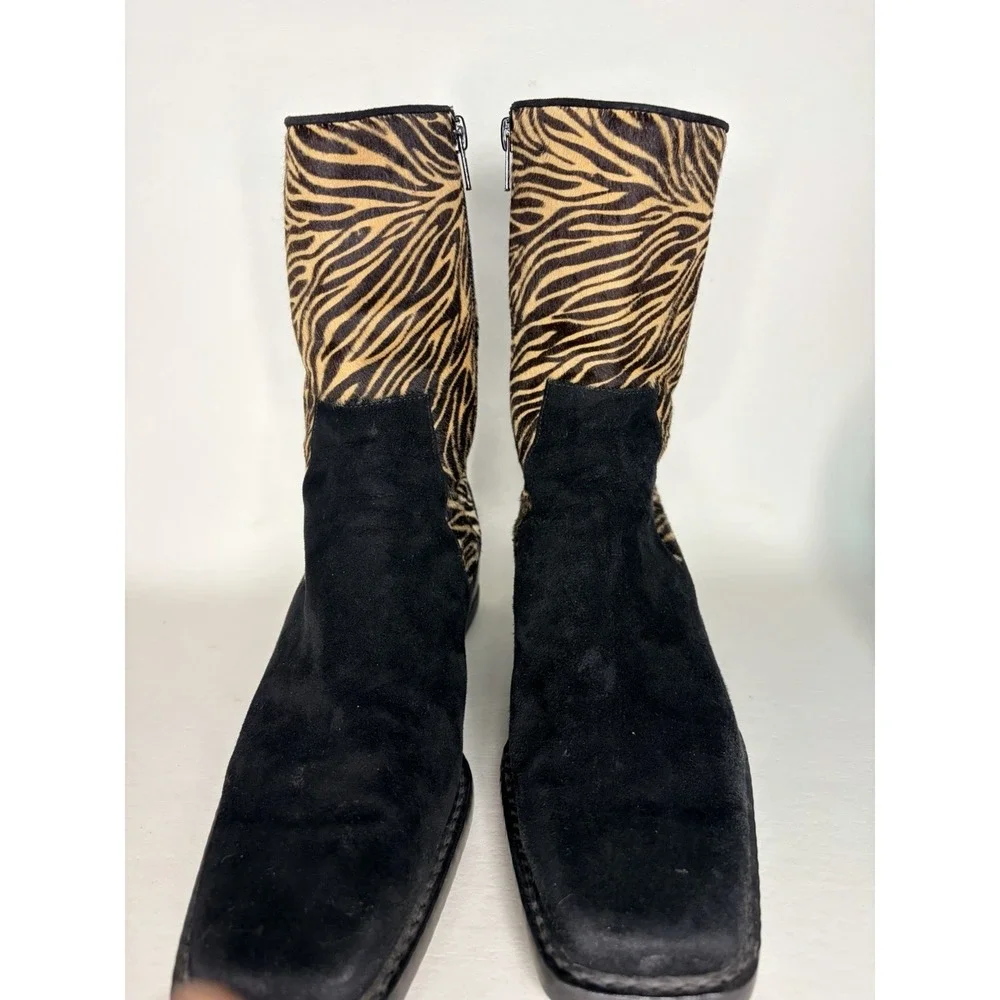 Womens Stuart Weitzman - Black W/ Tan & Brown Animal Print Boots, Zip Up, Size 8